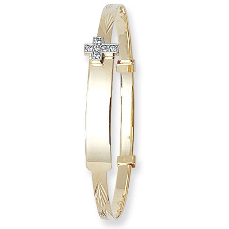 9ct Gold Expandable Baby ID Bangle With Cubic Zirconia Cross 