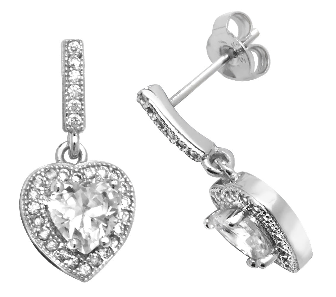 Sterling Silver Cubic Zirconia Heart Drop Earrings