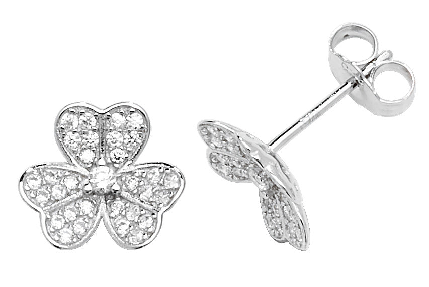 Sterling Silver Shamrock Cubic Zirconia Studs 